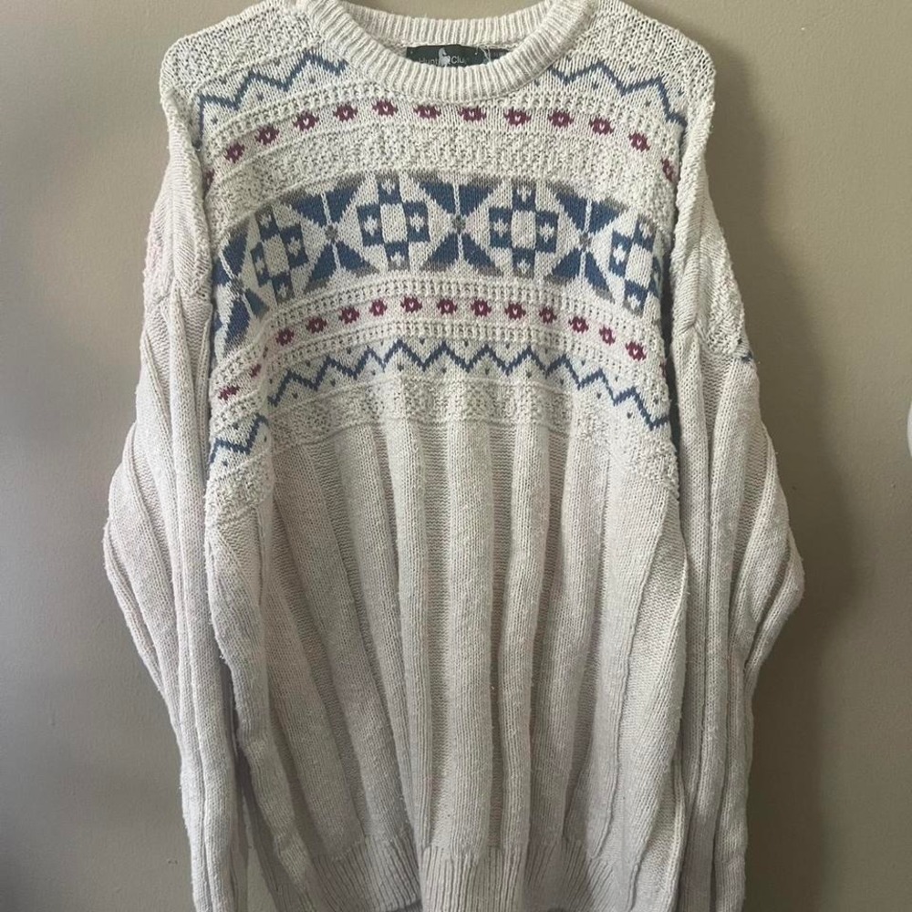 Vintage Pattern Knit Sweater Cream Blue Red‎ Grandad Grandpa Dadcore Cosy